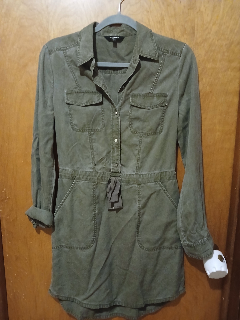Express Olive Green Tie-Waist Mini Shirt Dress